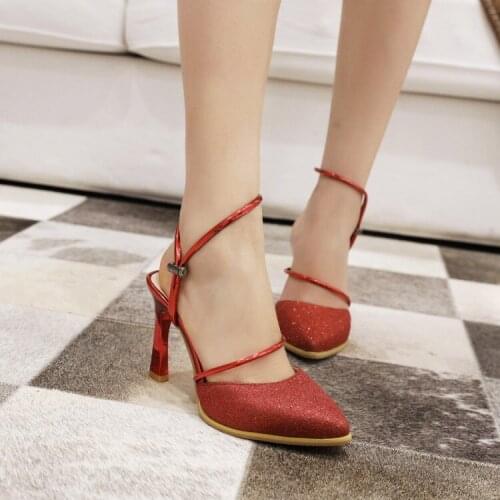Summer new style Womens Sandals fashion Heel height 9cm banquet Womens shoes Fine heel Buckle Comfortable Big size 30-46
