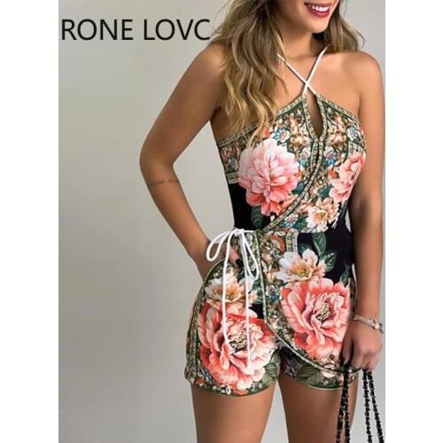 Women Halter Floral Print Casual Romper Summer Sexy Romper