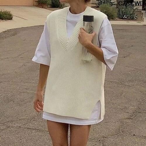White Casual Women Sleeveless Sweater Vest Knitted Jumper Autumn Winter Split Korean Preppy Pullover Loose V Neck 2021 New Tops