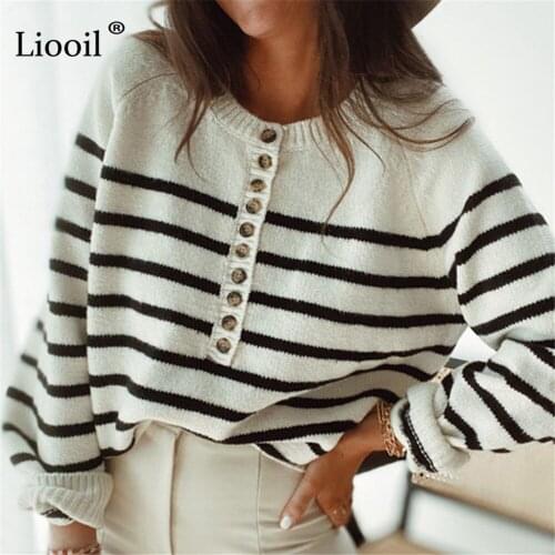 Liooil Baggy Striped Knitted Sweater Button Long Sleeve Jumpers For Women Ladies Autumn Winter 2021 Casual Pullovers Streetwear