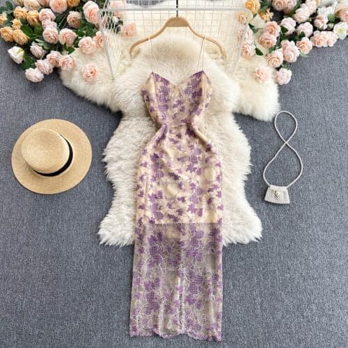 ZCWXM Summer Women Strap Dress Sexy Sleeveless V Neck Slim Party Dress Elegant French Off Shoulder Split Lace Long Sundress