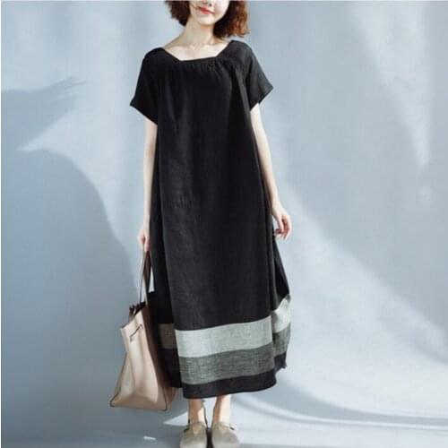 Women Fashion Literary Pure Cotton & Linen Stitching Large Pocket Long Bud Black & White Contrast Color Dress
