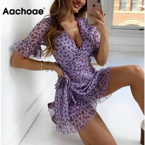 Aachoae Bohemian Summer Beach Chiffon Mini Dress Women V Neck Floral Print Wrap Dresses Short Sleeve Ruffle Party Dress Sundress