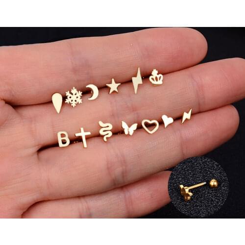 1Pcs Stainless Steel Mini Stud Earrings Heart Star Moon Cross Butterfly Snake Helix Cartilage Tragus Lobe Ear Piercing Jewelry