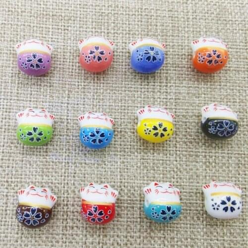 10pcs/lot Fortune Cat Shaped Ceramics Beads Animal Pattern 14*14mm For Jewelry Making Bracelets Handmade DIY Accessories