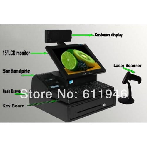 15inch Touch Screen All In One Pos System With Thermal Printer/laser Scanner/cash Drawer/customer Display/keyboard