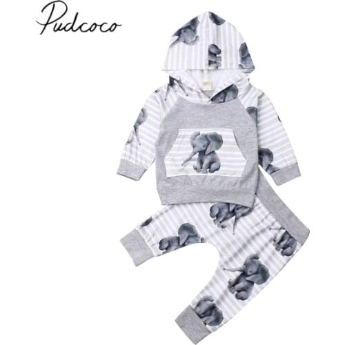 2019 Baby Spring Autumn Clothing Infant Baby Girl Boys Long Sleeve Clothes Sets Elephant Animal Hooded Tops Shirts +Pants 2pcs