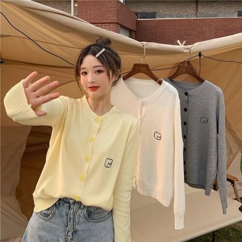 2021 new fashion casual ladies knitted cardigan Western style wild long-sleeved round neck solid color sweater girl