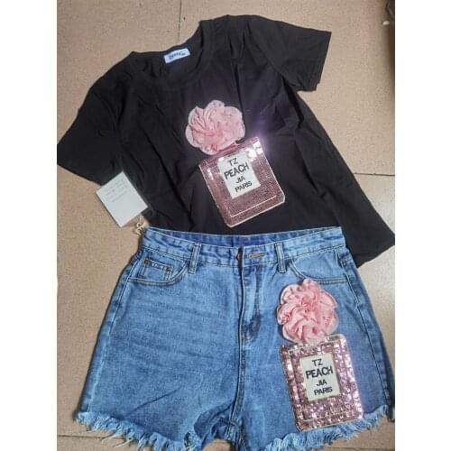 Amolapha Women Sequins T Shirts+Short Jeans Suits Appliques Casual Tshirt Denim Pants Sets for Female Woman