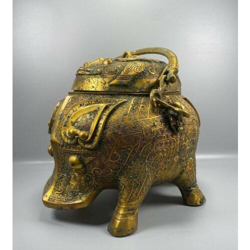 Free shipping 10" China Shang Zhou Dynasty Bronze Gilt Pig Beast Palace Portable Pot Jar Crock
