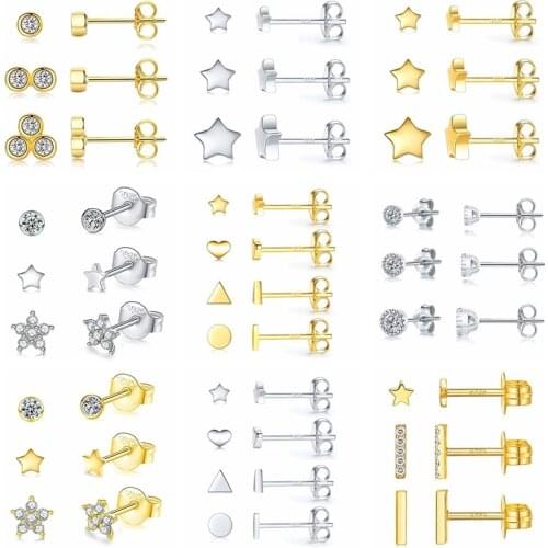 BOAKO 925 Sterling Silver Star Diamond Stud Earrings For Women Mini Cubic Zirconia Jeweled Geometric Ear Stud Set Jewelry Gift