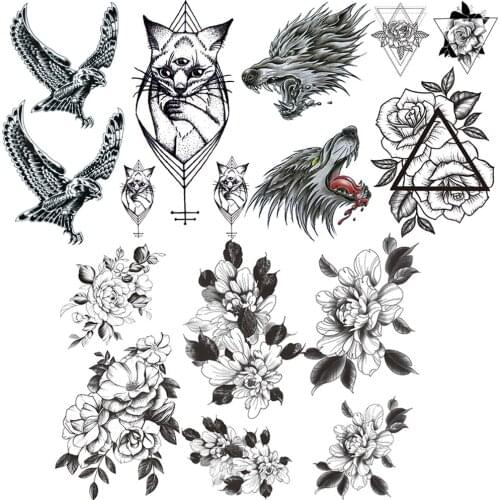 Large Eagle Fake Temporary Tattoo For Women Men Black Camellia Leaf Tattoos Stickers Cat Triangle Flowers Tatoos Body Waist Arm