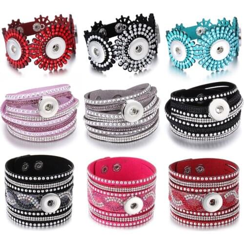 New Leather Snap Bracelet for Women Rhinestone Multilayer Leather Bracelet DIY 18mm Snap Button Jewelry Bracelets Wholesale