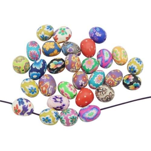 Julie Wang 10PCS Oval Beads Polymer Clay Flower Pattern Spacer Beads Random Color Necklace Bracelet Jewelry Making Accessory