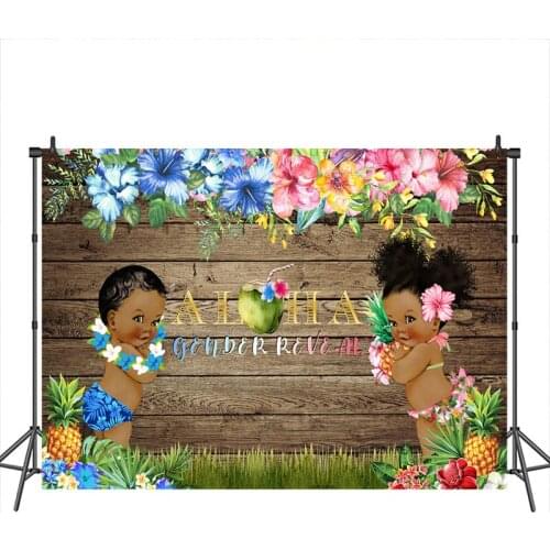 Gender Reveal Baby Shower Photography Backdrop Aloha Wood Floor Flower Background Hawaiian Luau Prinecss Party Banner Backdrops