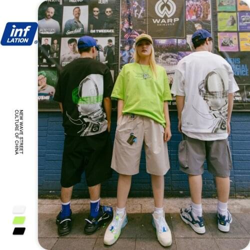 Fashion Robot Printing with Metal Texture Drop Shoulder Sleeve T-Shirt High Street Trend Hip-Hop Cotton Unisex T Shirt NO56