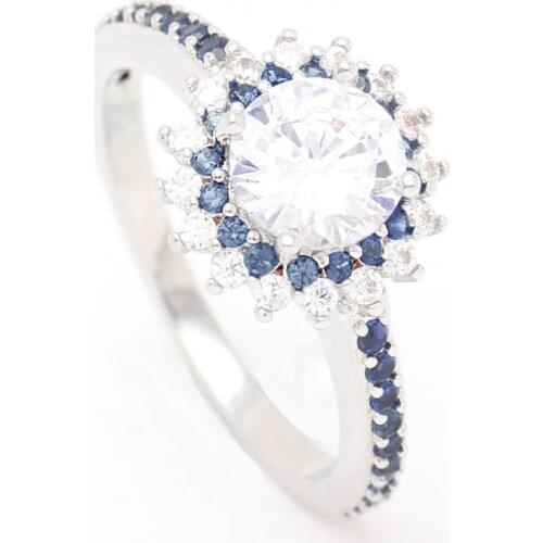 Hainon Hot Cheap Silver Color Flower Women Wedding Ring Gift Jewelry Party Jewellery AAAA Zircon White Blue Finger Ring