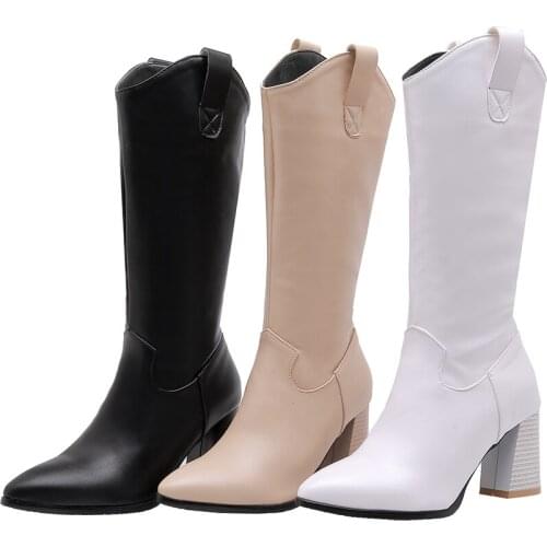 Western Boots Women Knee High Cowboy Boots Fashion Pointed Toe Sewing Shoes Female High Heels Thick Shoes Ladies Autumn