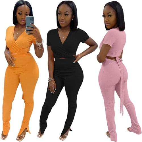 Summer Knitted Solid 2pcs Set Sexy Deep V Neck Short Sleeve Bandage Shirt Top And Long Skinny Trousers Casual Outfits Clubwear