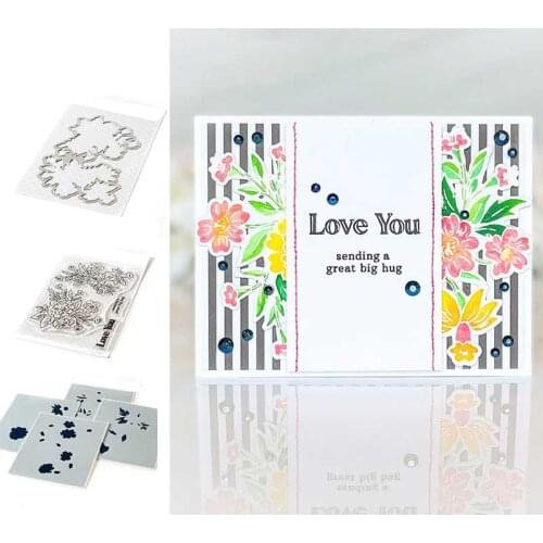 Happy Blooms Floral Metal Cutting Dies and Silicone Stamps Stencil for Scrapbooking Album Decoration Craft for DIY Greeting Card