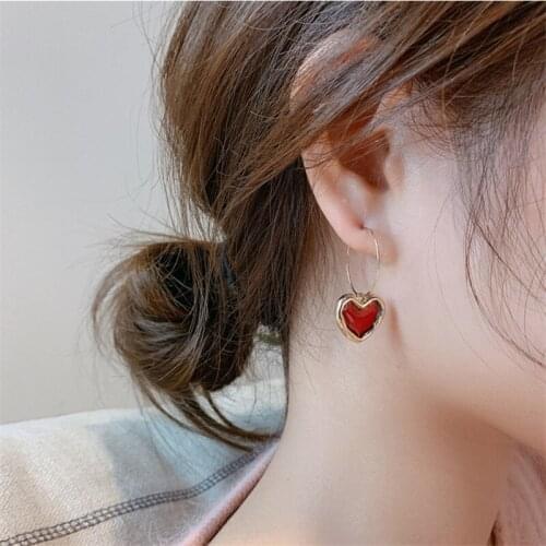 Cute Sweet Red Heart love Drop Earring for Women Girls Korean Fashion Enamel Gold Color Metal hoop Hanging Dangle Earring Gift