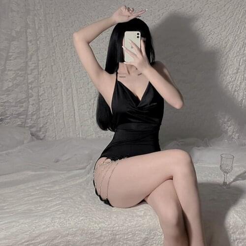 Fashion Sexy Lace Satin Lingerie Smooth Silk-like Sleeping Night Dress Temptation Underwear Sling Embroidery V-neck For Women