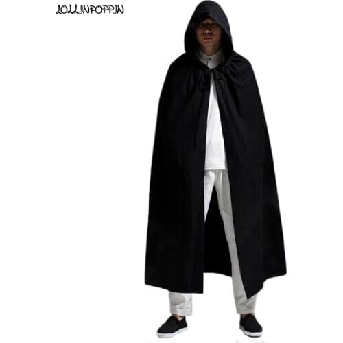 Men Hooded Cloak Long Style Trench Jacket Linen Coat Open Placket Halloween Costumes Mens Cape Black / Navy Blue