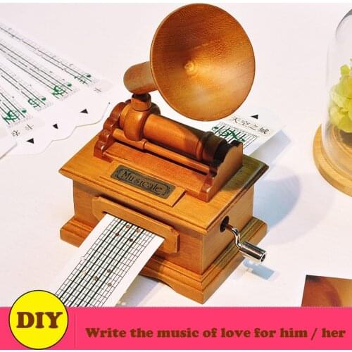 Vintage Phonograph Wooden Music Box Musical, DIY Hand crank Making Your Own Songs for Love Girl or Boy Friend Gifts