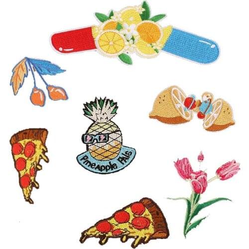 New Cool Pineapple Embroidery Parches Iron on Lemon Pizza Patches for Clothing DIY Foods Stripes Clothes Fruit Sticker Appliques