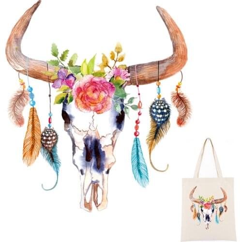 New Indian Style Bull Skull Patch Diy Denim Fabric Sticker For Girls Bags Washable Parch Heat Transfer Sticker For T-shirts