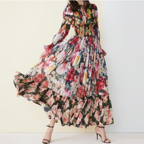 High quality 2020 new fashion Maxi dress Womens Long Sleeve Amazing Printed Waist Elasticated vintage Beach Chiffon long Dress