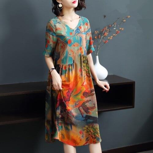 Casual Summer Bohemian Dress Women Satin Silk Office Dress Female Loose Long Ladies Dresses Floral Print Plus Size 4XL Q360