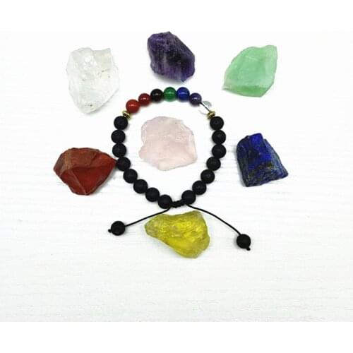 Seven Chakra Mixed Raw Gemstone Material Crystal Volcanic Rock Bracelet For Folk Crafts