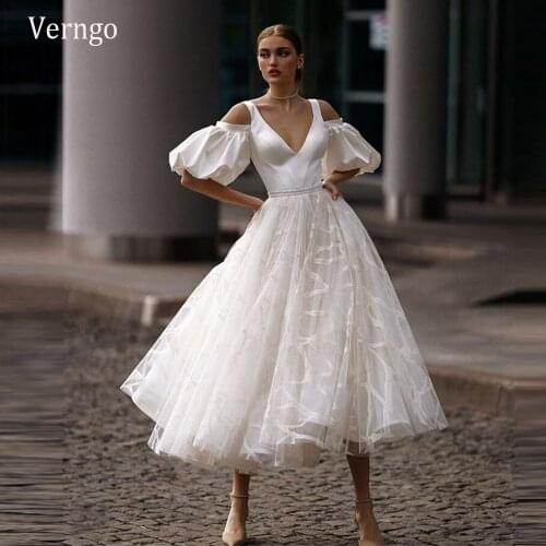 Verngo 2021 Vintage Short Wedding Dress V Neck Satin Lace Puff Sleeves A Line Party Bridal Gowns Tea Length Robe de mariage