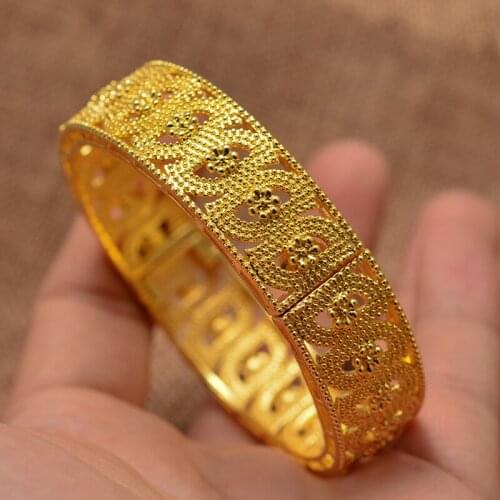 Wando 1pc 24k Arabic Dubai Big bangles For women Man Dubai gold Color bracelet wholesale African jewelry Micronesia accessories