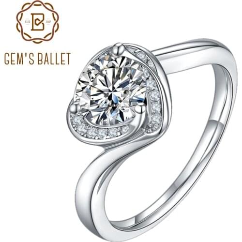 GEMS BALLET New Design Wedding Engagement Ring Heart Ring 925 Sterling Silver 1.0Ct 6.5mm D Color Moissanite Ring For Women