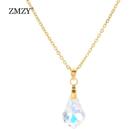 ZMZY Cubic Zircon Crystal Drop Stainless Steel Chain Necklace Women Jewelry Statement Ethnic Necklace Bohemian Mothers Day Gift