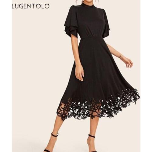 Vintage Dress Women Short Sleeve Lace O-neck Elegant Dresses Ladies Black Slim Summer Big Swing Midi Princess Dress Lugentolo