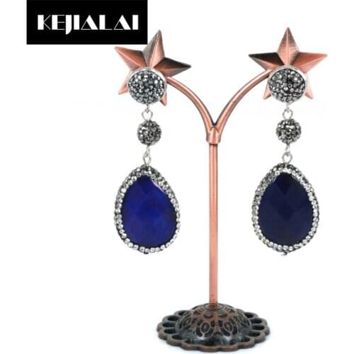 2017 Natural Stone Pendant Hanging Earrings Women Fashion Jewelry Faceted Water Drop Shape Stone Pave with Rhinestone Best Gift