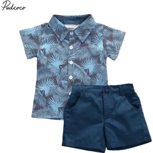2020 Summer Toddler Baby Boys Clothes Leaf Print Shirt Tops Shorts Party Formal Outfits 2pcs Set School Suit