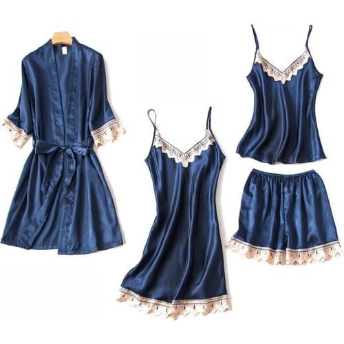 4pcs/lot Women Pajamas Sets Sexy Nightgown Satin Sleepwear Nightdress Night Gown Sleeveless Slings+Shorts Homewear XXL #F