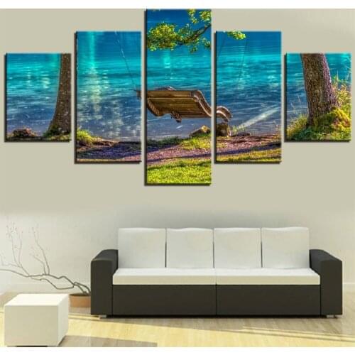 5 Pieces Swing Canvas Painting Lake Landscape Wallpapers Bench Posters Trees Quiet Pictures For Home Room Decor Relaxing Artwork
