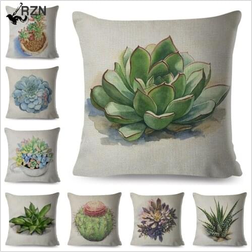 Nordic Style Watercolor Succulent Plants Pillow Case Linen 45*45cm Decor Cartoon Cactus Cushion Cover for Car Sofa Pillowcase