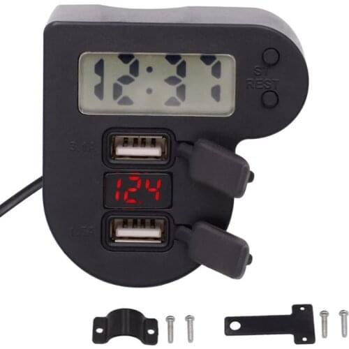 DC12V 24V Motorcycle Dual USB Charger With Time Clock LED Voltmeter ON OFF Switch Power Adapter for Mobile Phone GPS Tablet