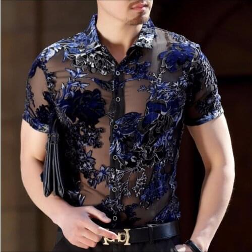 Men Silk Shirt Short Sleeve Hollow Print Shirt Middle-aged Business Floral Half Sleeve Shirt 2020 Summer M-3xl