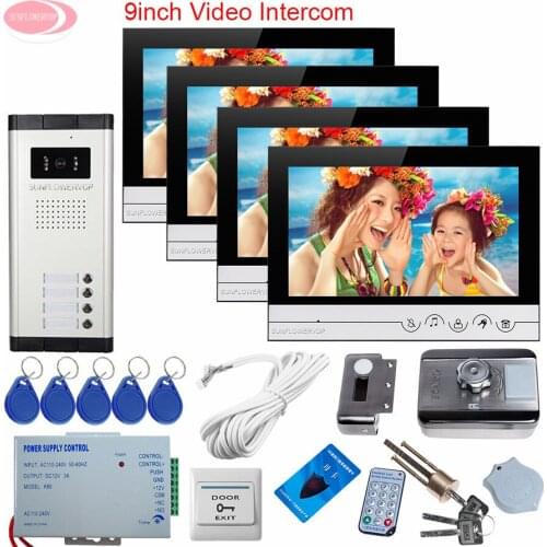4 Apartments Home Video Door Phone Intercom + Rfid Unlock Electronic Lock 9Inch Video Door Phone Intercom system For 4 Monitors
