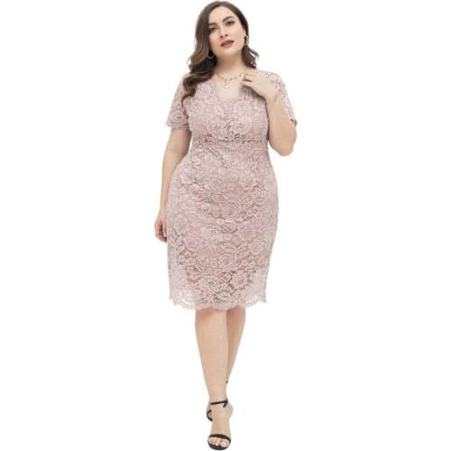 FX200027 Plus Size Elegant Summer Dresses For Women 2021 Lady Black Pink Red Lace Flora Light Midi Dress European Clothes Skirt