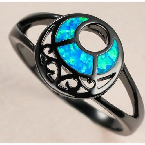 Luxury Female Blue Opal Stone Ring Charm Black Gold Hollow Wedding Rings For Women Punk Bride Moon Thin Engagement Ring