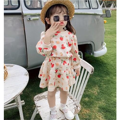 Girls Strawberry Sweater Suit 2021 New Spring And Summer Sweet And Cute Sweater + Short Skirt Two-Piece Suit Baby Girls Dress 8Y