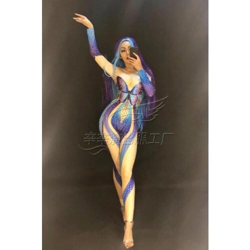 Bar dance costume Rhinestone Butterfly print Women Bodysuit Sexy DJ jumpsuit Elasticity Nightclub
